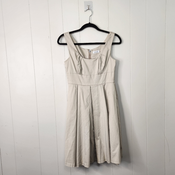 Calvin Klein Khaki Sleeveless Pleated Fit & Flare Cocktail Dress Neutral A-Line - Picture 2 of 10